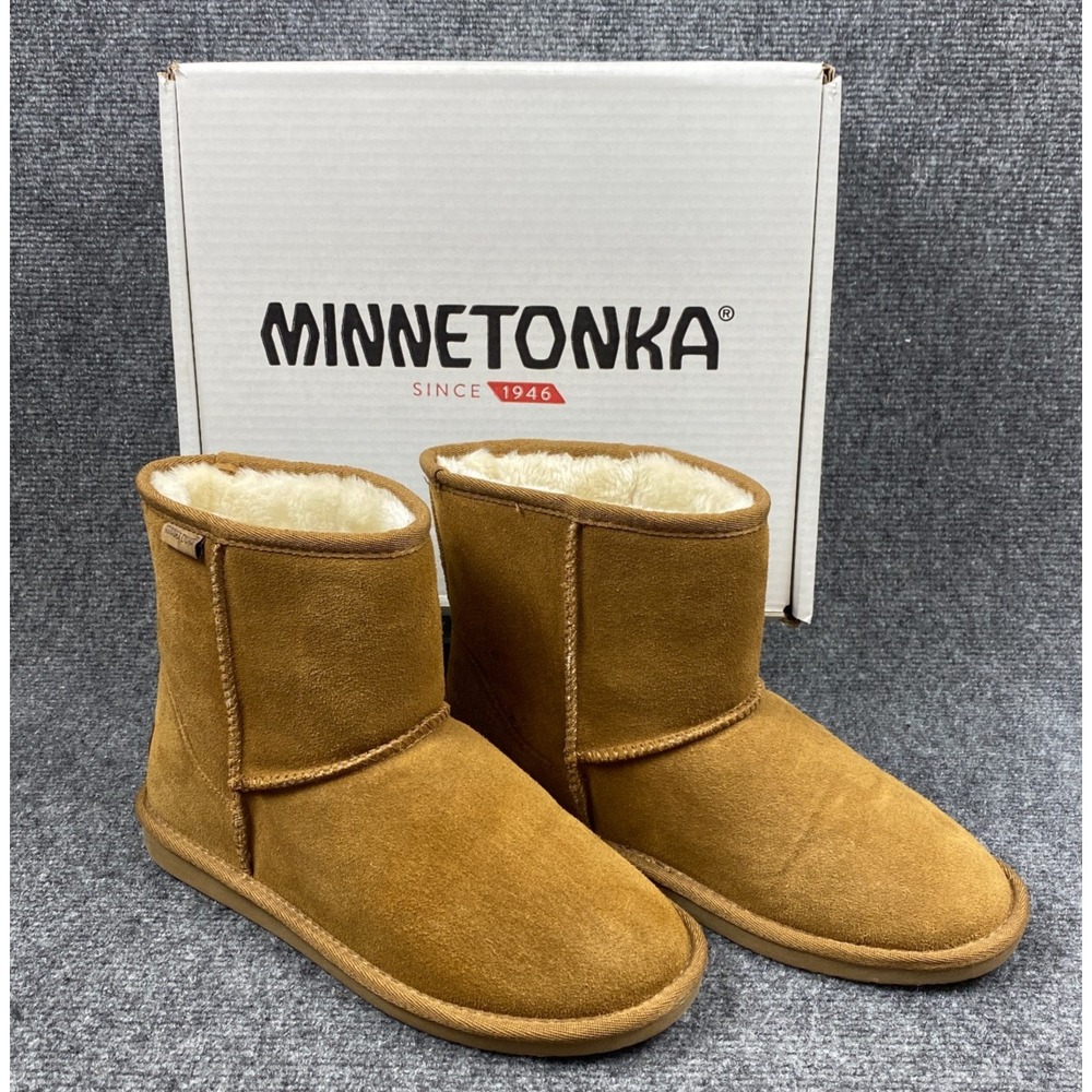 Minnetonka Short Boots Womens 10 M Tan Suede Plymouth Faux Fur Lined 85701 w Box